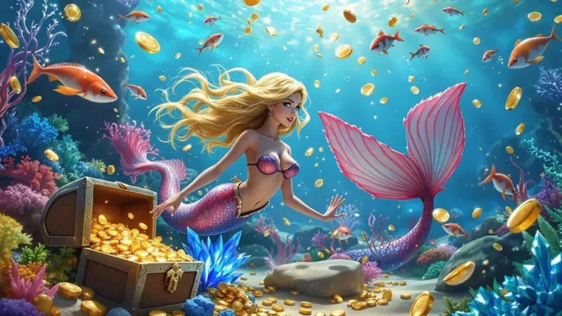 Adegan permainan tembak ikan dengan meriam dan target bawah laut