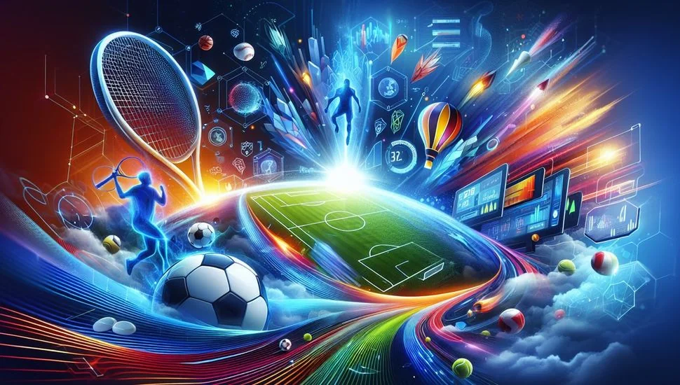 Tampilan olahraga digital dengan kartu pertandingan dan navigasi kompetisi